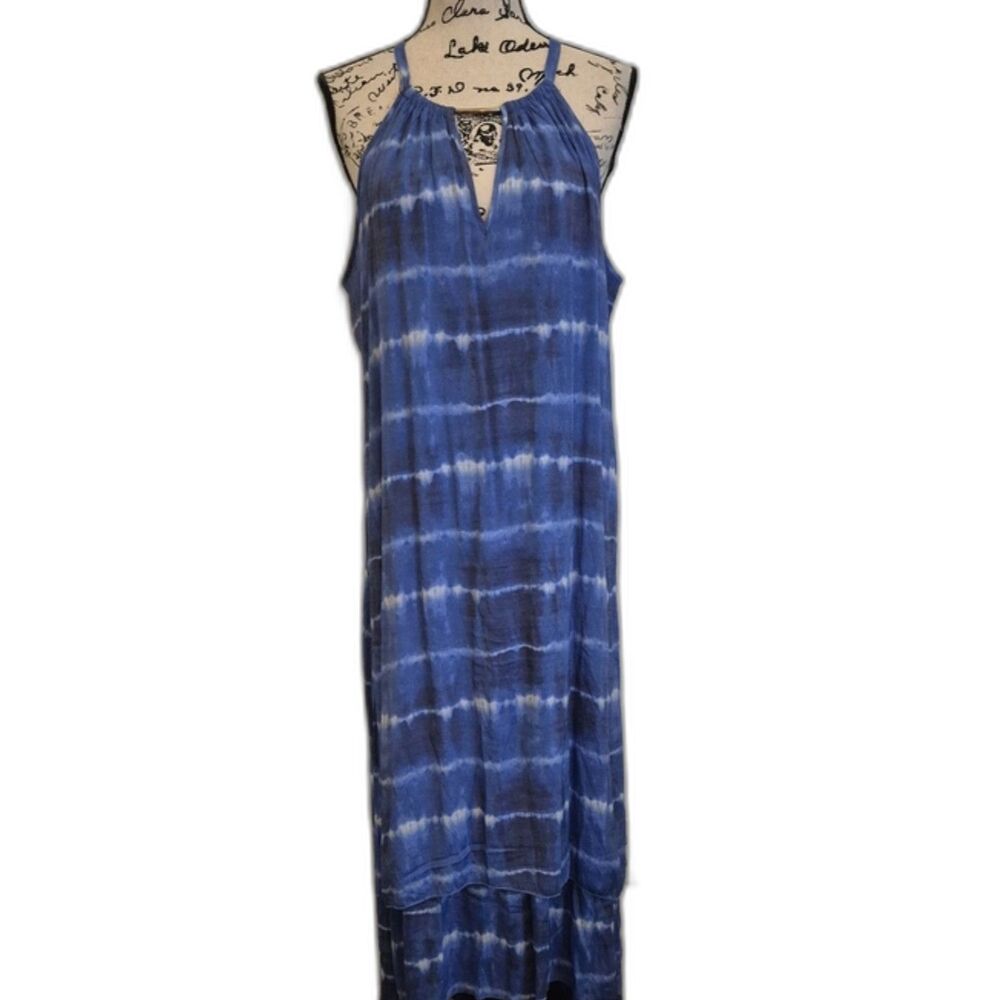 Mlle Gabrielle Blue Tie Dye High Low Halter Dress 1X Boho Beach Lined Tiered
